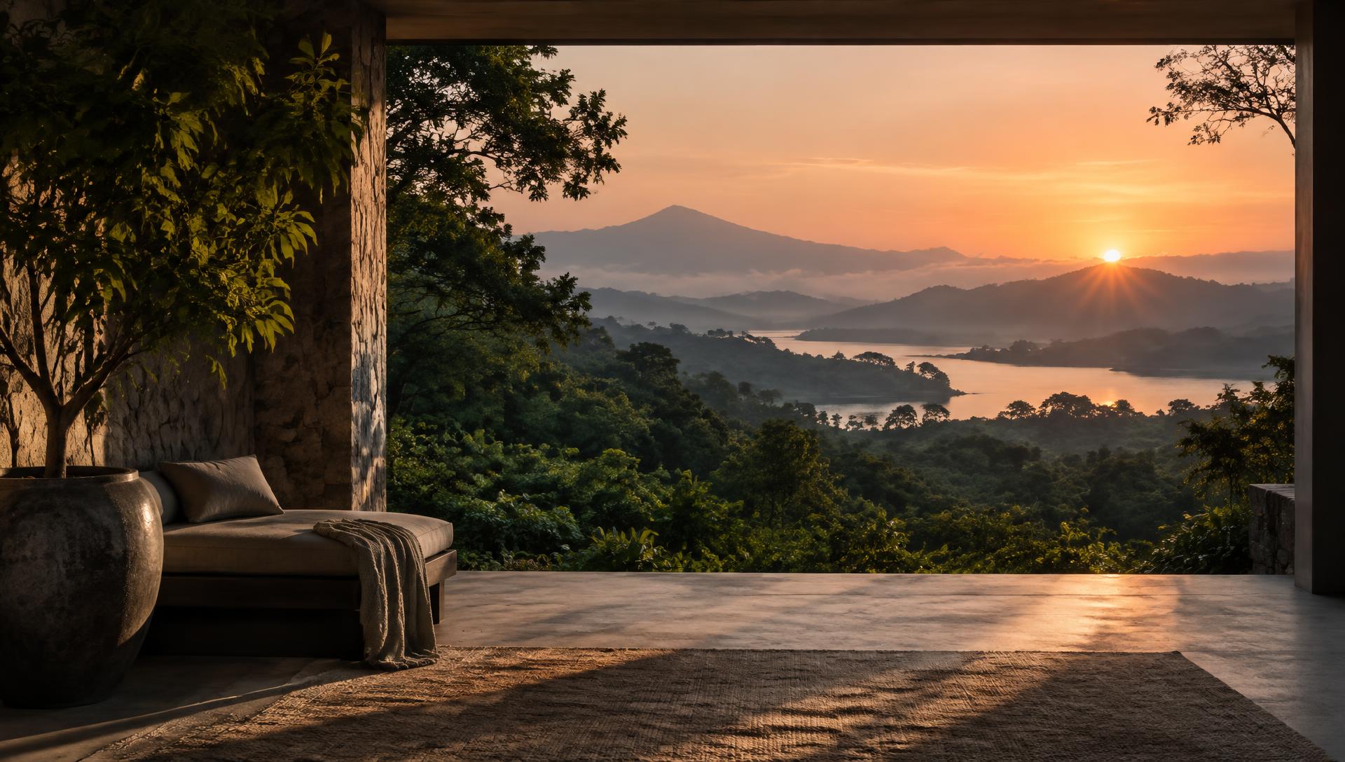 A warm sunrise opening over a peaceful green landscape