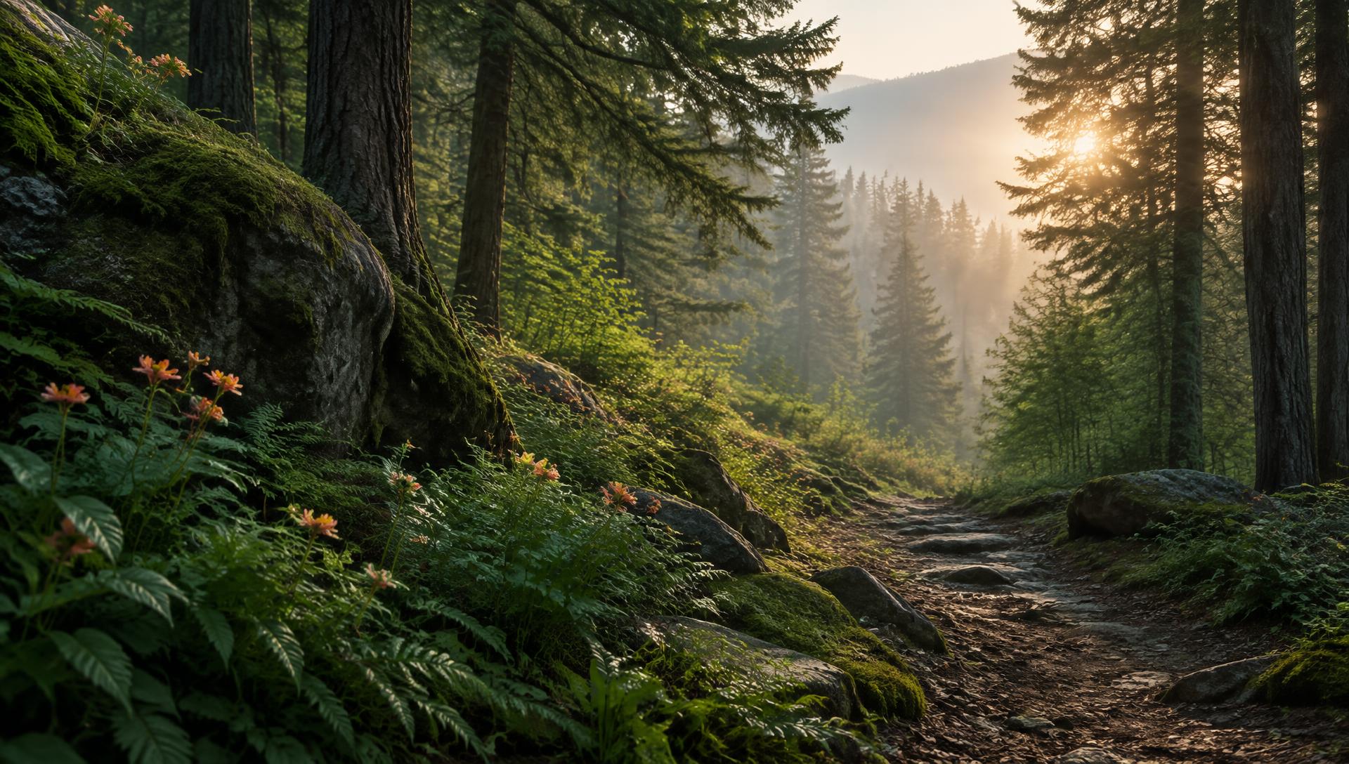 A peaceful forest path lit by the morning sun
