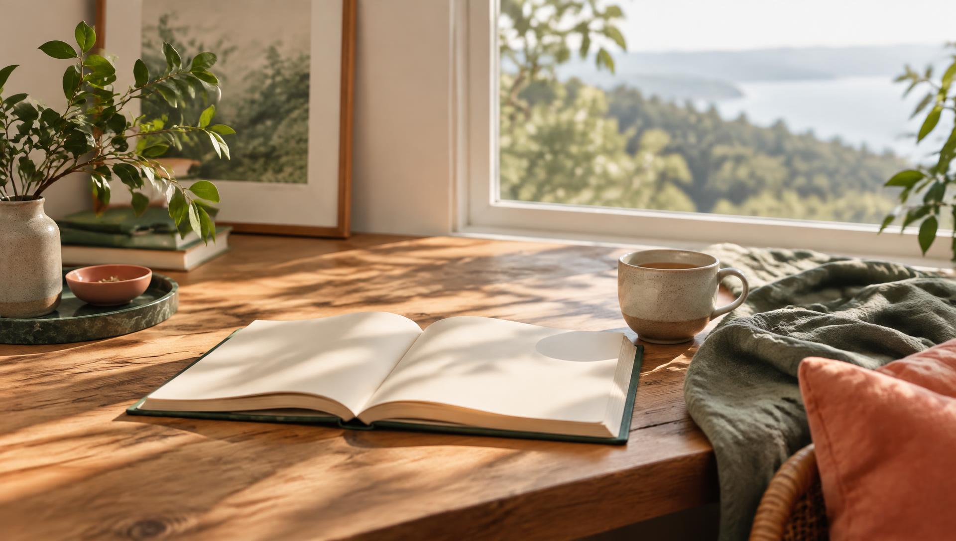 An open journal in a calm, sunlit space